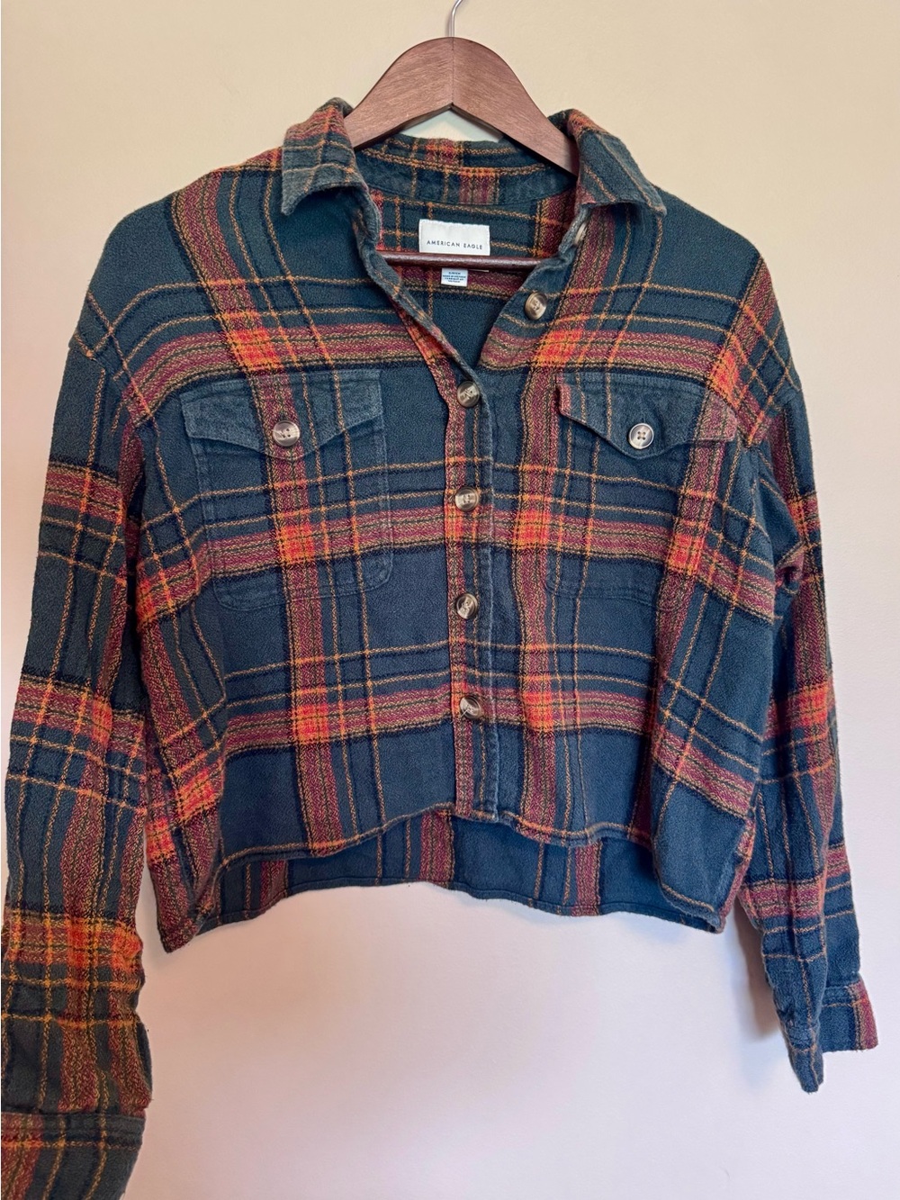 American Eagle Plaid Flannel Shacket in Dark Green, Rust & Mustard
